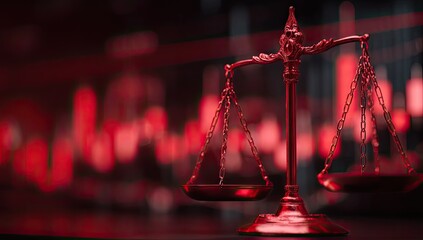 Gleaming golden scales of justice against a red-toned blurred backdrop of fluctuating data