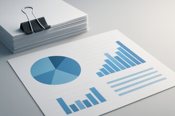 Stack of paper reports with pie chart and bar graphs showing financial statistics
