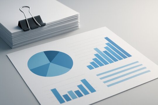 Stack of paper reports with pie chart and bar graphs showing financial statistics
 - Powered by Adobe