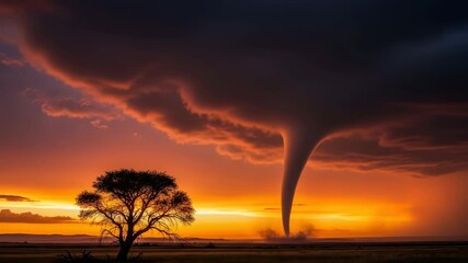 powerful tornado descends from dark storm clouds into vast flat landscape at sunset Fiery orange and red hues illuminate the menacing funnel as it kicks up ground debris A solitary tree stands silhoue - Powered by Adobe