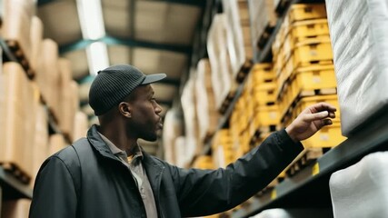 Focused Black warehouse worker examines stocked shelves with cardboard boxes in a logistics center – video for supply chain visuals, industrial branding, warehouse management