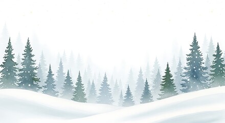 Naklejka premium Illustration of winter forest with snow covered pine trees in a misty landscape
