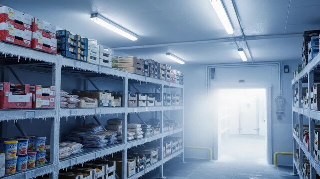 cold frosty walk-in freezer room features multiple tiers of ice-laden metal shelving units stocked with various packaged goods in boxes bags and cups A brightly lit doorway opens to another area