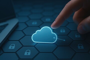 Finger touching glowing cloud icon on secure digital network background with padlock symbols
