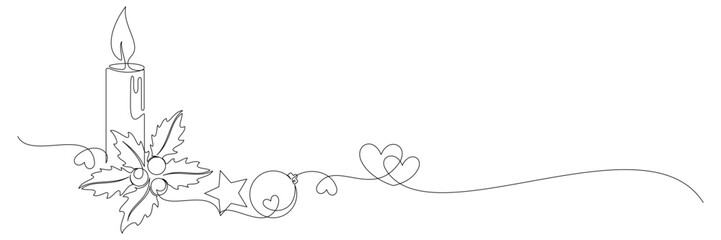 Festive Christmas decorations. Continuous line drawing of a holiday greeting card, Christmas balls, holly leaves, stars, and candles. Vector illustration