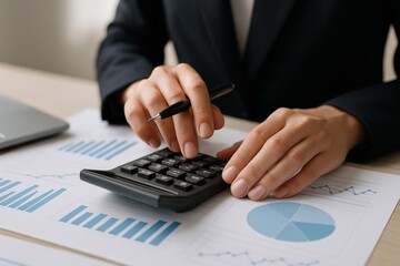Business person using calculator with financial reports and charts on desk for accounting analysis
