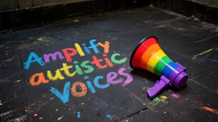 Rainbow megaphone beside colorful chalk text amplify autistic voices on blackboard background representing neurodiversity advocacy empowerment and inclusion