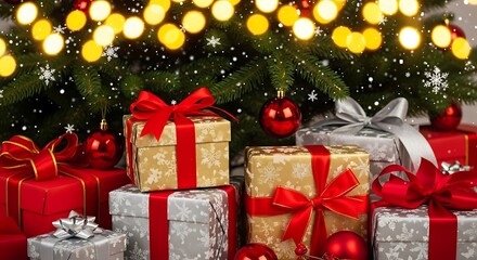 Illustration of christmas gifts piled under a decorated tree with bokeh lights and snowflakes
