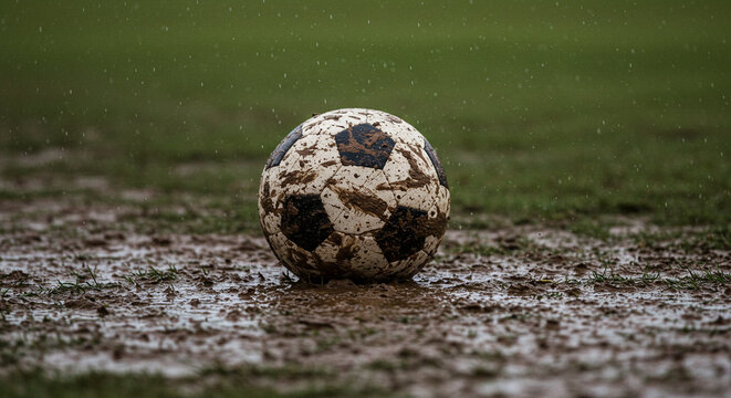 Soccer football ball mud field wet weather sport game match exercise outdoors competition activity