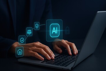 Hands typing on laptop with glowing holographic artificial intelligence icons and security symbols
