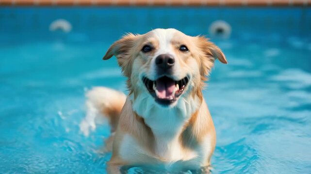 joyous wet light brown and white dog smiles broadly at the camera standing in clear blue pool water Its damp fur and wet ears are visible with subtle water ripples and blurry objects in the background