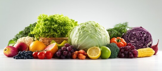 A vibrant assortment of fresh fruits and vegetables arranged on a bright surface