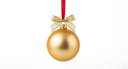 Illustration of golden christmas ornament with a golden bow and red ribbon, isolated on white background