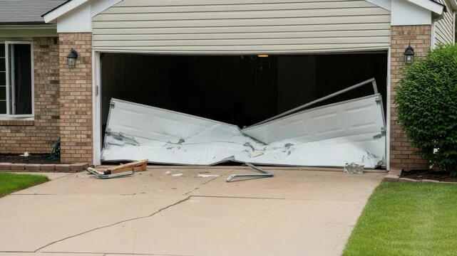 severely mangled white residential garage door lies crushed on cracked concrete driveway collapsed inwards Its in front of brick house with window light green lawn and dense bush