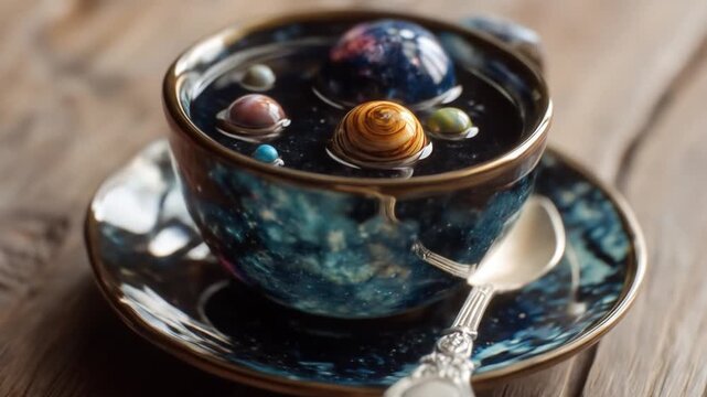 Planetary bodies floating in coffee cup displayed on a wooden surface