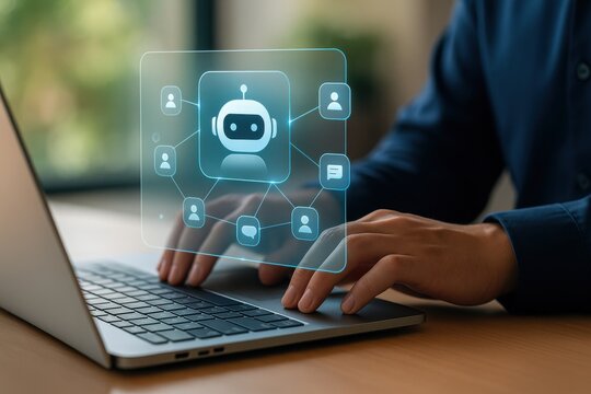 Laptop with holographic chatbot and people network icons symbolizing customer communication and AI support
- Powered by Adobe