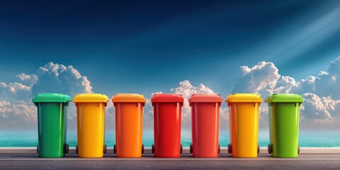 Vibrant outdoor waste management with colorful garbage bins and recycling containers for urban sanitation community cleanliness and eco-friendly waste disposal solutions