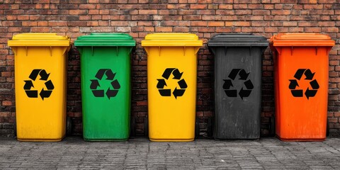 Comprehensive collection of colorful recycling and waste bins against brick wall eco-friendly waste management environmental sustainability waste segregation and recycling
