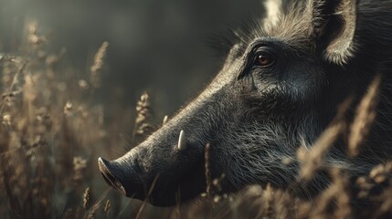 Close-up of a Warthog in Tall Grass with Muted Earth Tones Portrait
