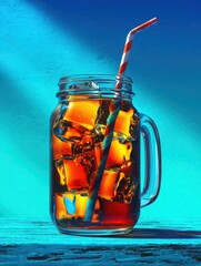 Vibrant summer beverage in a mason jar with ice cubes colorful liquid striped straw and refreshing look perfect for outdoor parties and hot weather