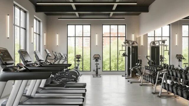 sleek well-lit fitness center features cardio machines like treadmills ellipticals and stationary bikes Extensive free weights dumbbell racks and strength training equipment are also available