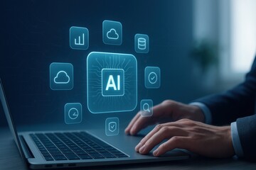 Laptop with holographic artificial intelligence icons for cloud storage analytics and automation

