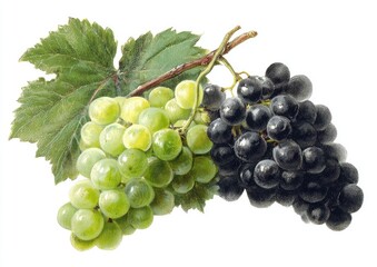 Fototapeta premium Two bunches of grapes, green and dark purple, on a stem with leaves
