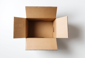 Overhead shot of an open cardboard box with flaps extended, resting on a plain white surface
