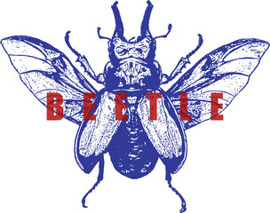 Flying Stag Beetle, Small Mandibles, Wings Open, Blue Engraving, Red Text, High Contrast Vintage T-Shirt Design, Insect, Lucanus, Isolated Background.