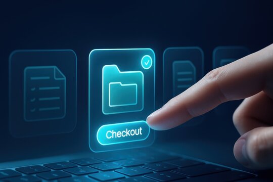 Finger pressing holographic checkout folder icon symbolizing digital payments and online transactions

