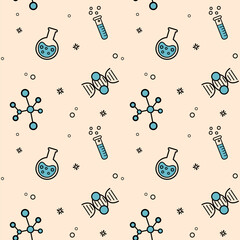 A seamless vector pattern featuring cartoon science icons. The simple, colorful design on a soft background is perfect for educational, medical, or laboratory themes and children's products.