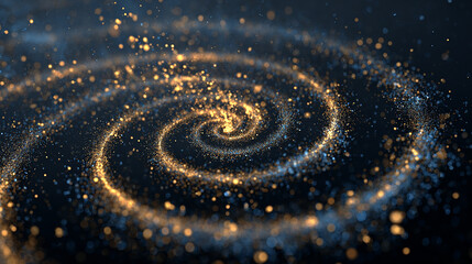 Stunning spiral of golden light and blue particles creates a dynamic, modern abstract background for technology, science, or cosmic concepts
