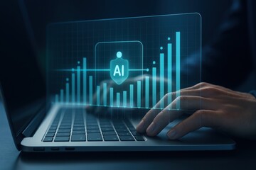 Laptop with holographic AI security shield and glowing bar charts symbolizing data protection and analytics
