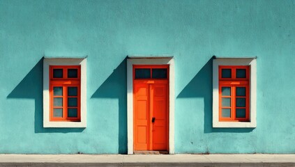 Obraz premium Turquoise wall with orange door and windows, stark shadows, bright color composition