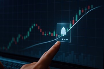 Finger pressing glowing bell icon on digital stock market candlestick chart with upward trend
