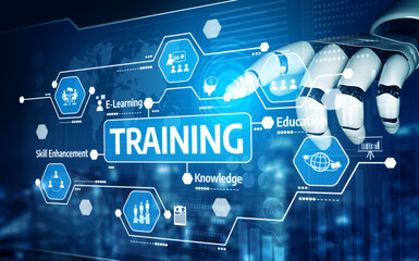 A futuristic robotic hand interacts with digital icons representing training and education, illustrating technology role in enhancing learning experiences. Tessel