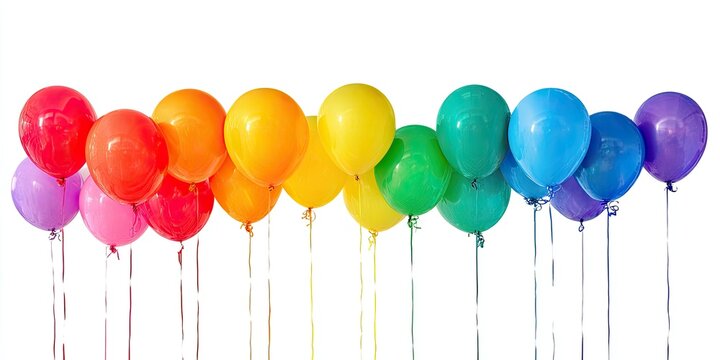 A row of colorful balloons, arrayed in a rainbow spectrum against a stark white background