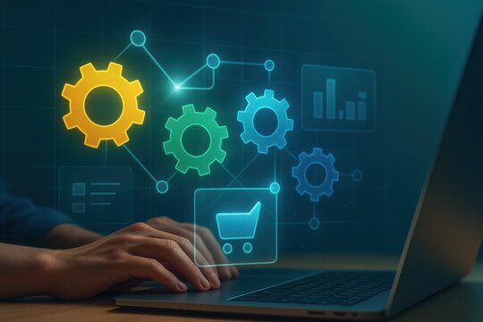 Laptop with holographic gears and shopping cart icons symbolizing ecommerce automation and workflow
