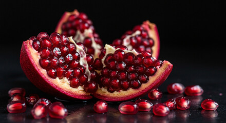 Fresh ripe pomegranate fruit seeds healthy food antioxidant rich vitamins ruby red delicious superfood nutrition