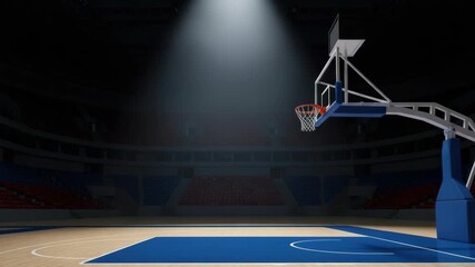 deserted basketball arena bathed in single spotlight A wooden court with blue sections and white lines stretches towards blue and white hoop with an orange rim and white net Empty red and blue spectat - Powered by Adobe