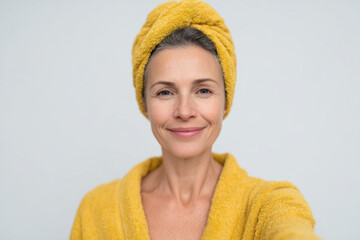 Close portrait of a calm woman with a yellow towel wrapped around her head and shoulders, soft lighting, fresh skincare vibe in a simple studio setting.