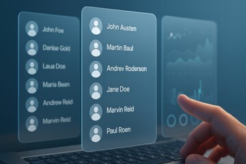 Finger pointing at holographic digital contacts list with names above laptop
