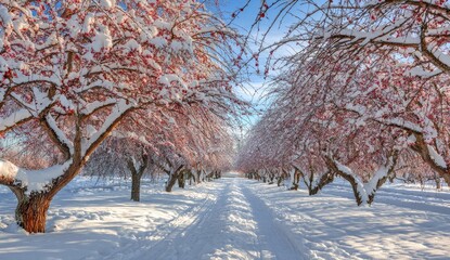 Snow-covered orchard pathway, red berries, winter trees, blue sky, serene, tranquil scene