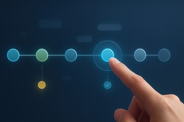 Finger selecting glowing step on futuristic digital timeline interface symbolizing workflow and progress
