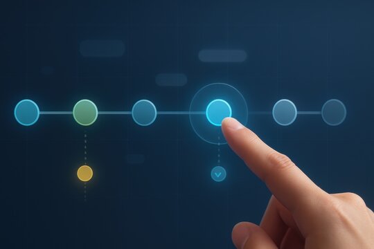 Finger selecting glowing step on futuristic digital timeline interface symbolizing workflow and progress
