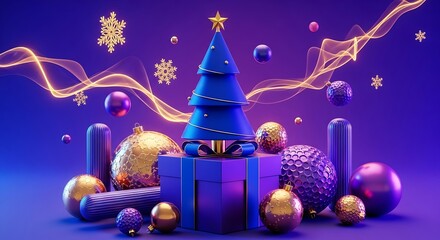 Illustration of festive 3d christmas tree with ornaments, gift box, and glowing lights on a vibrant purple background
