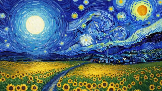 Vibrant impasto art A path winds through vast sunflower field under swirling starry blue night sky A luminous full moon and distant sun-like orb glow above hills and village with church spire