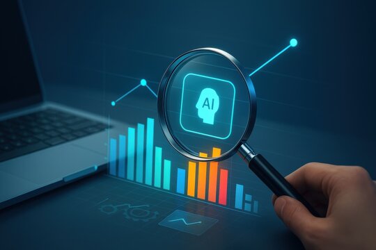 Magnifying glass highlighting AI head icon with colorful bar chart and growth line graph
