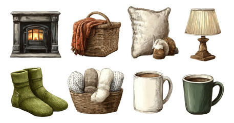 Cozy Home Accents in Warm Colors Featuring Textiles and Decorative Items