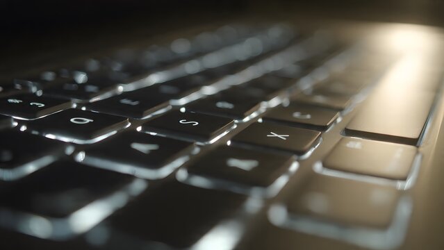 Closeup of a backlit laptop keyboard with a shallow depth of field, highlighting the keys and illuminated edges in a dark, moody setting, emphasizing technology and digital interaction